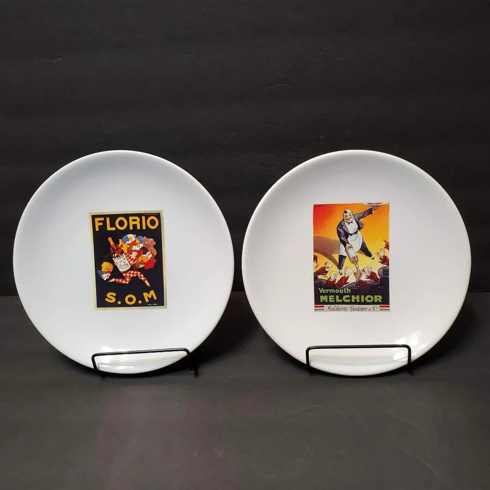 Pottery Barn Vintage Posters Salad Plates, Set of 2 Appetizer Dessert Dishes 8
